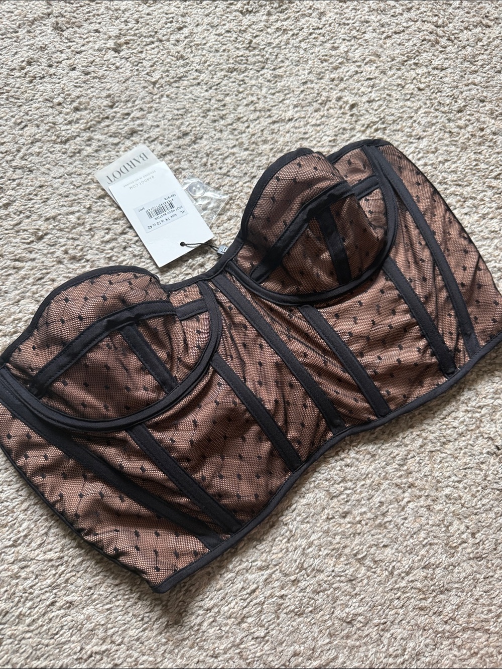 Bardot Black Dot Mesh Nude Longline Bustier
